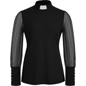 Black Long Sheer Sleeve Church Shirt Clergy Tab Insert Collar Priestess Shirt in Saudi Arabia