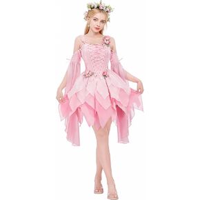 Women Flower Fairy Elf Costume Set Pink Ren Faire Dress Medieval Renaissance Costume in Kuwait