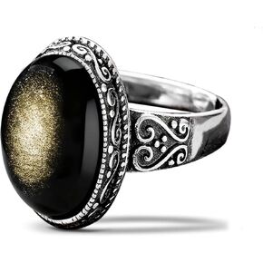 Sterling Silver Oval Obsidian Ring, Boho Bohemian Statement Gemstone Jewelry for Women, Retro Style in Kuwait