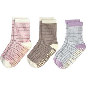 Striped Yoga Socks for Women – 3 Pairs Non Slip Grip Pilates Barre Crew Socks, Cute Grid Style, US Size 5-9 in Kuwait