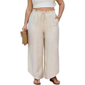 سراويل MK Shop Limited بمقاس كبير بأرجل واسعة للنساء، سراويل بالازو مرنة عالية الخصر، سراويل صالة عادية مع جيوب in Kuwait