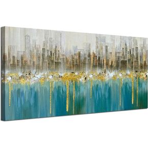Ardemy البط البري مجردة سيتي سكيب قماش جدار الفن الحديث أفق الذهب محكم اللوحة، المباني الرمادية حجم كبير 40 "× 20" صورة الفيروز العمل الفني مؤطرة لغرفة المعيشة غرفة نوم المنزل مكتب جدار ديكور in Kuwait