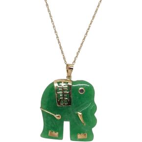 GREEN Jade Elephant Ruby Eye 14K Yellow Gold Pendant. 18" Rope Chain 14K Yellow Gold Green Jade Elephant Necklace. Lucky Green Jade Elephant LOVER. in Saudi Arabia