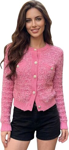 Women's Elegant Button Up Cardigans Crew Neck Long Sleeve Knit Work Sweaters with Pockets in Saudi Arabia