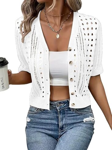 Women's Crochet Cardigan Sweaters Lightweight Summer Boho Open Front Knit Shrug 1/2 Sleeve Beach Cover Up in Saudi Arabia