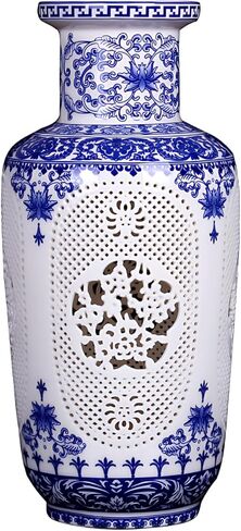 Blue White Flower Vase - 11.42 Inch Hollow Out Ceramic Vase, Vintage Chinese Style Home Decor, Handcrafted Blue White Porcelain Centerpiece for Living Room Table Shelf (Blue and White) in Saudi Arabia