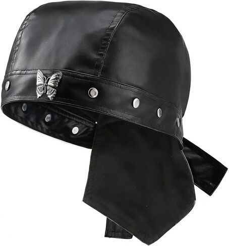 قبعات ركوب الدراجات النسائية من Punk Doo Do Rag، قبعة جمجمة من الجلد، غطاء رأس لراكبي الدراجات النارية، أسود in Kuwait