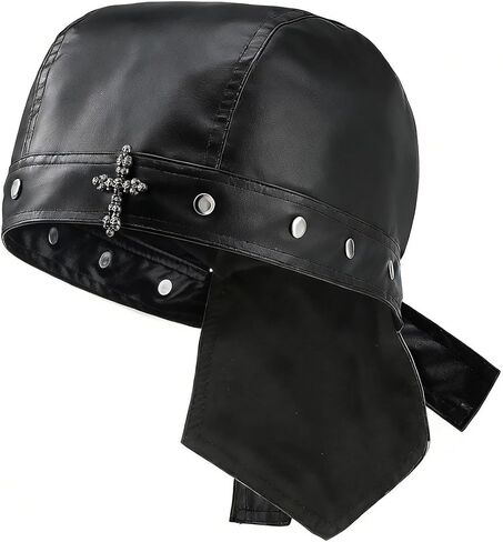 قبعات ركوب الدراجات النسائية من Punk Doo Do Rag، قبعة جمجمة من الجلد، غطاء رأس لراكبي الدراجات النارية، أسود in Kuwait