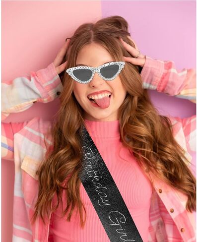 CUBACO Birthday Girl Sash and Sunglasses, Silver Birthday Party Decorations for Women Black Decorations Sweet 16 18th 21st 25th 30th 40th 50th Accessories Gifts Party Favors Supplies in Kuwait