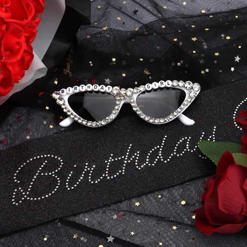 CUBACO Birthday Girl Sash and Sunglasses, Silver Birthday Party Decorations for Women Black Decorations Sweet 16 18th 21st 25th 30th 40th 50th Accessories Gifts Party Favors Supplies in Kuwait