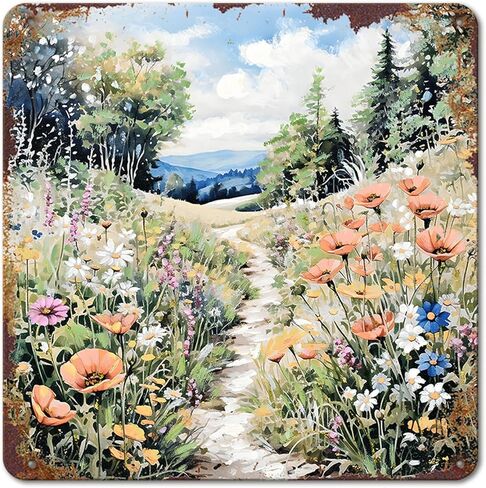 Wildflower Path Landscape Metal Tin Sign Vintage Country Road Flower Field Wall Decor Rustic Nature Farmhouse Decorative Metal Plaque 12x12inch in Saudi Arabia