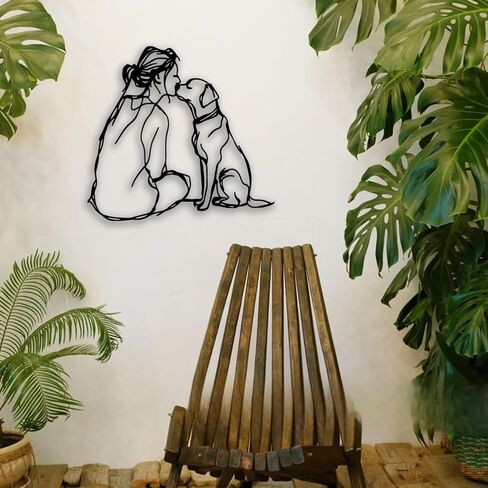 Woman Dog Metal Wall Decor - Pet Lover Room Decor Wall Art Home Decor for Living Room, Bedroom, Dining Room, Bathroom, Office, Pet Shop (Black) in Kuwait