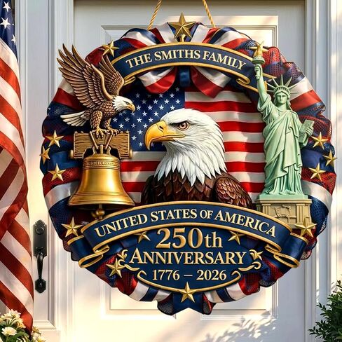 علامة باب مخصصة للذكرى 250 للذكرى 4 من يوليو مع اسم العائلة، وأكاليل باب مخصصة للذكرى السنوية الـ 250 للولايات المتحدة، وزخارف وطنية مخصصة، والديكورات الخارجية رقم 250 لأمريكا2 in Kuwait