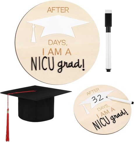 3pcs Nicu Graduate Milestone Sign Wooden Round Days Counter Newborn Graduation Hat Toddler Infant Doctoral Caps Black Marker for Nicu Baby Gift in Saudi Arabia