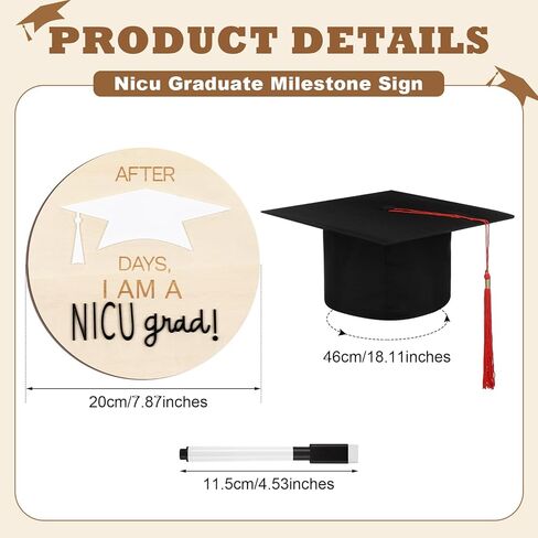 3pcs Nicu Graduate Milestone Sign Wooden Round Days Counter Newborn Graduation Hat Toddler Infant Doctoral Caps Black Marker for Nicu Baby Gift in Saudi Arabia