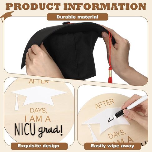 3pcs Nicu Graduate Milestone Sign Wooden Round Days Counter Newborn Graduation Hat Toddler Infant Doctoral Caps Black Marker for Nicu Baby Gift in Saudi Arabia
