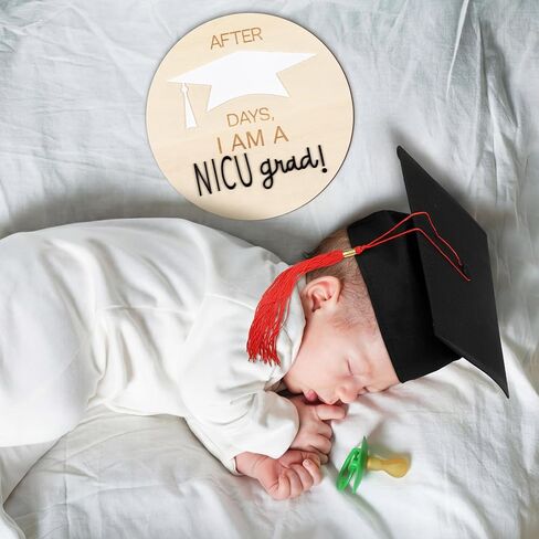 3pcs Nicu Graduate Milestone Sign Wooden Round Days Counter Newborn Graduation Hat Toddler Infant Doctoral Caps Black Marker for Nicu Baby Gift in Saudi Arabia