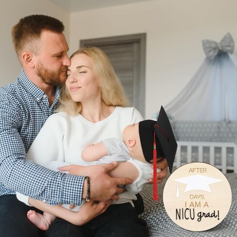 3pcs Nicu Graduate Milestone Sign Wooden Round Days Counter Newborn Graduation Hat Toddler Infant Doctoral Caps Black Marker for Nicu Baby Gift in Saudi Arabia