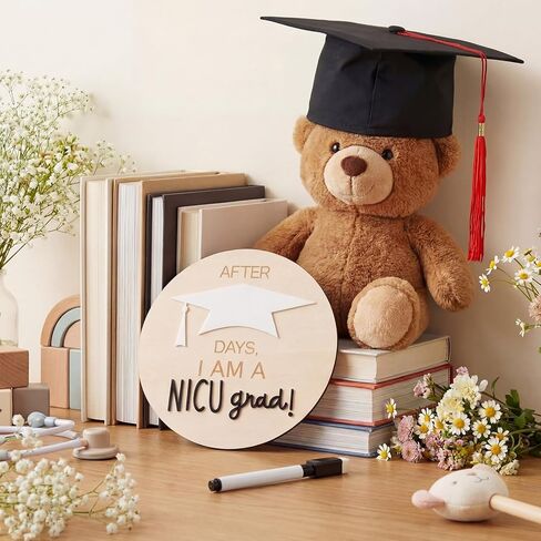 3pcs Nicu Graduate Milestone Sign Wooden Round Days Counter Newborn Graduation Hat Toddler Infant Doctoral Caps Black Marker for Nicu Baby Gift in Saudi Arabia