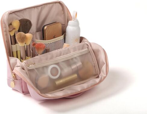 Large Standing Makeup Bag, Sturdy PU Leather Cosmetic Organizer with Fold-Down Phone Tray, Waterproof Travel Toiletry Case with Wipeable TPU Brush Holder, 9.5 Inch, Pink in Saudi Arabia
