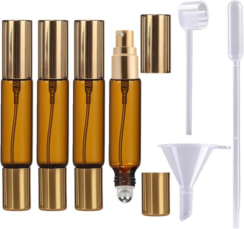 Double Ended Perfume Bottle With Roller Ball &Spray:4 PCS 10ml Amber Refillable Leakproof Travel Atomizer Facial Care with Funnel Tool for Perfume,Cologne,Essential Oils in Kuwait
