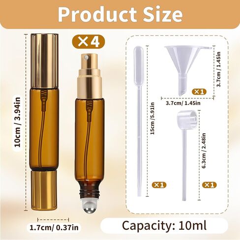 Double Ended Perfume Bottle With Roller Ball &Spray:4 PCS 10ml Amber Refillable Leakproof Travel Atomizer Facial Care with Funnel Tool for Perfume,Cologne,Essential Oils in Kuwait