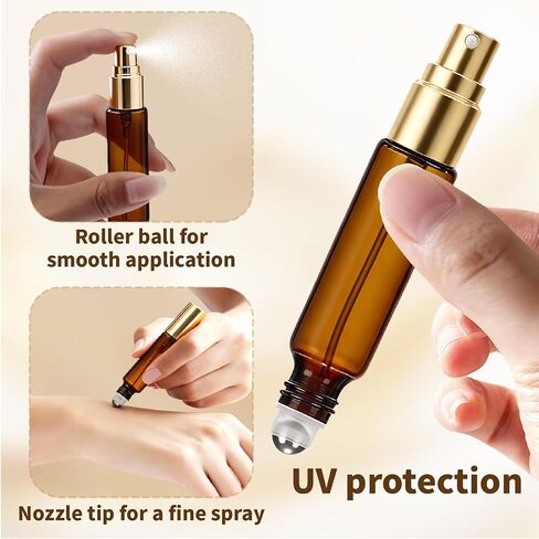 Double Ended Perfume Bottle With Roller Ball &Spray:4 PCS 10ml Amber Refillable Leakproof Travel Atomizer Facial Care with Funnel Tool for Perfume,Cologne,Essential Oils in Kuwait