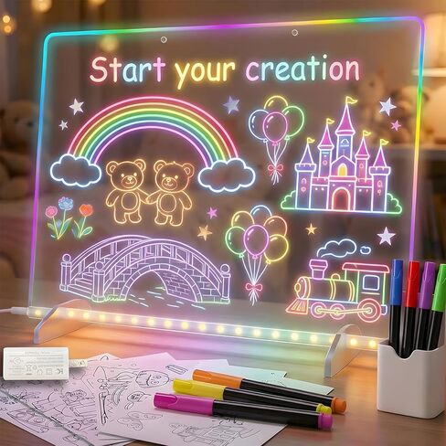 لوحة رسم LED للأطفال، لوحة رسم مضيئة قابلة لإعادة الشحن مقاس 16 بوصة، لوحة مسح جافة من الأكريليك مع 7 أقلام تحديد وأدوات تنظيف، هدية إبداعية للأولاد والبنات من عمر 3 4 5 6 7 8 9 10 12 سنة فما فوق in Kuwait