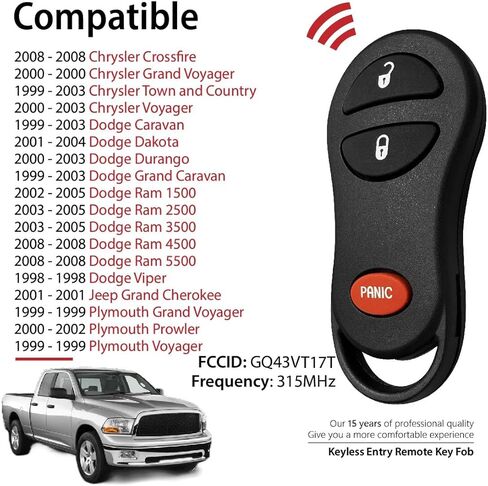 Car Key Fob Remote Keyless Entry Control GQ43VT17T 315MHz 3 Button Replacement for 2002 2003 2004 2005 2006 2007 2008 Chrysler Crossfire Voyager Dodge Caravan Dakota Durango Grand Ram Jeep Plymouth in Saudi Arabia