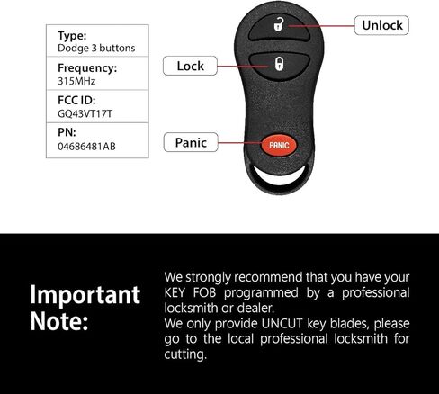 Car Key Fob Remote Keyless Entry Control GQ43VT17T 315MHz 3 Button Replacement for 2002 2003 2004 2005 2006 2007 2008 Chrysler Crossfire Voyager Dodge Caravan Dakota Durango Grand Ram Jeep Plymouth in Saudi Arabia