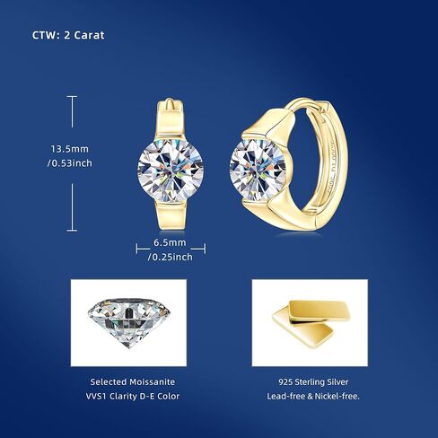 Moissanite Earrings,Sterling Silver Hoop Earrings for Women, 10.8mm Inner Diameter Small Chunky Hoops 1 Carat Huggie CTTW 2CT in Saudi Arabia
