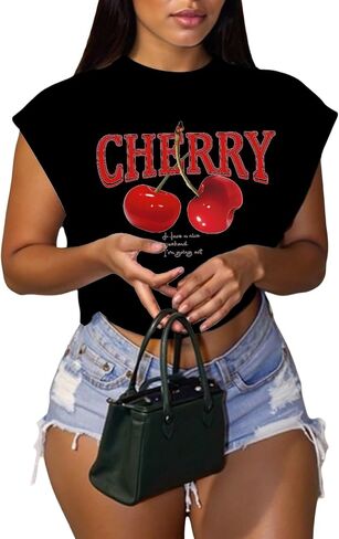 تي شيرت نسائي من WDIRARA مقاس كبير برسومات حروف الكرز ورقبة دائرية وأكمام دولمان in Kuwait