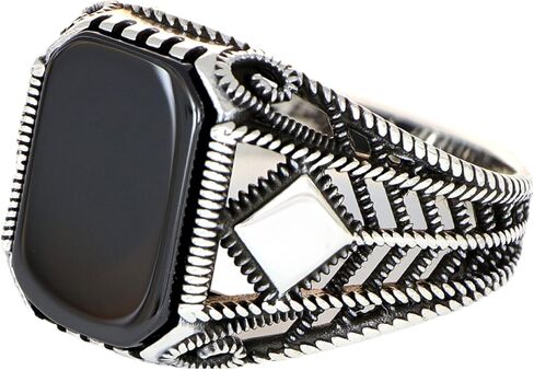 Men’s Silver-Plated Stainless Steel Onyx Ring – Black Onyx Cushion Signet, Geometric Chevron Band with Square Accent, Vintage Statement Ring, Tarnish-Resistant Comfort Fit in Kuwait