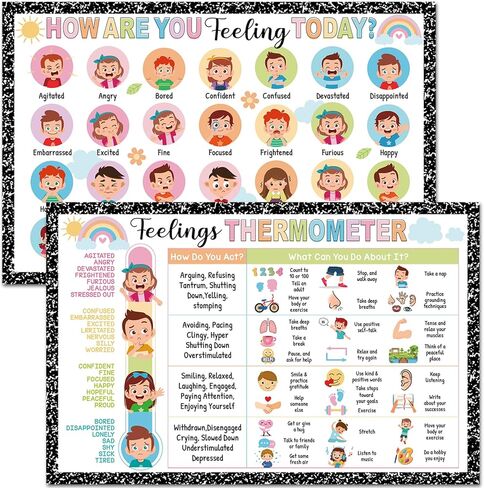 2Pcs Feelings Chart for Kids Coping Skills Emotions Chart Posters Educational Mental Health Wall Art for Classroom School Counselors Psychologists Homeschool Preschool Calming Corner Decor (Neutral) in Saudi Arabia