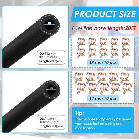 20Ft 2 Sizes Fuel Line Hose Kit - 3/8" 5/16" ID NBR Rubber Fuel Hose with 20Pcs Clamps High Performance 300PSI for Tractors, Small Engines, Lawn Mowers Automotive Engines in Kuwait