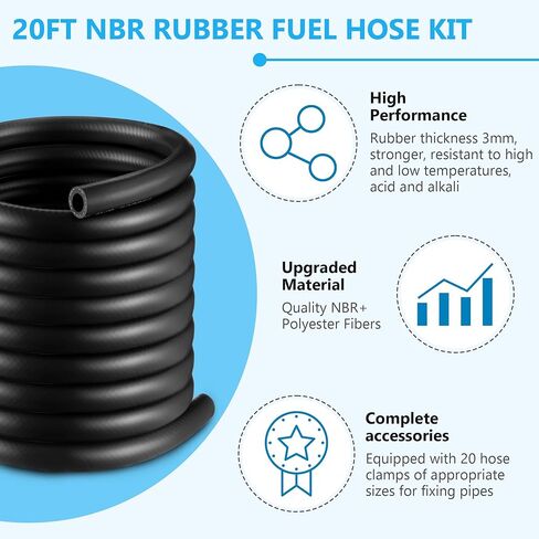 20Ft 2 Sizes Fuel Line Hose Kit - 3/8" 5/16" ID NBR Rubber Fuel Hose with 20Pcs Clamps High Performance 300PSI for Tractors, Small Engines, Lawn Mowers Automotive Engines in Kuwait