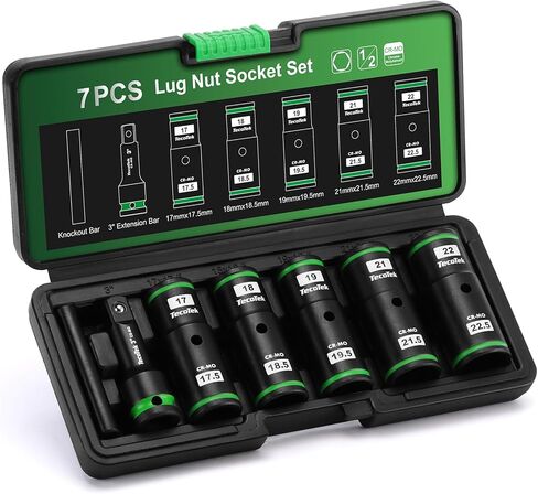 7PCS Lug Nut Socket Set, 1/2" Impact Thin Wall Flip Socket, Half Size Wheel Socket Set, Metric, 6 Point, 3" Extension Bar & Knockout Bar, 17.5mm, 18.5mm, 19.5mm, 21.5mm, and 22.5mm in Kuwait