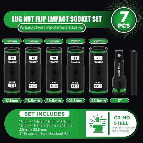 7PCS Lug Nut Socket Set, 1/2" Impact Thin Wall Flip Socket, Half Size Wheel Socket Set, Metric, 6 Point, 3" Extension Bar & Knockout Bar, 17.5mm, 18.5mm, 19.5mm, 21.5mm, and 22.5mm in Kuwait