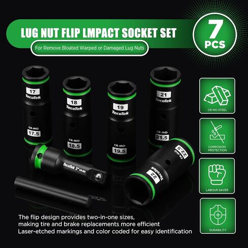 7PCS Lug Nut Socket Set, 1/2" Impact Thin Wall Flip Socket, Half Size Wheel Socket Set, Metric, 6 Point, 3" Extension Bar & Knockout Bar, 17.5mm, 18.5mm, 19.5mm, 21.5mm, and 22.5mm in Kuwait