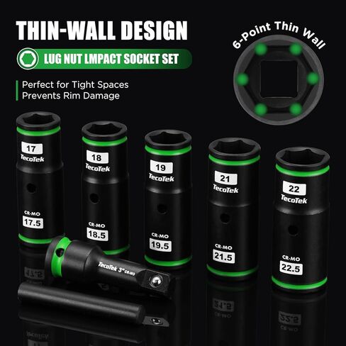 7PCS Lug Nut Socket Set, 1/2" Impact Thin Wall Flip Socket, Half Size Wheel Socket Set, Metric, 6 Point, 3" Extension Bar & Knockout Bar, 17.5mm, 18.5mm, 19.5mm, 21.5mm, and 22.5mm in Kuwait