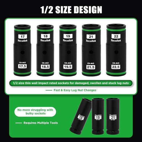 7PCS Lug Nut Socket Set, 1/2" Impact Thin Wall Flip Socket, Half Size Wheel Socket Set, Metric, 6 Point, 3" Extension Bar & Knockout Bar, 17.5mm, 18.5mm, 19.5mm, 21.5mm, and 22.5mm in Kuwait