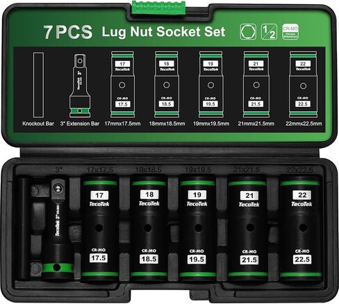 7PCS Lug Nut Socket Set, 1/2" Impact Thin Wall Flip Socket, Half Size Wheel Socket Set, Metric, 6 Point, 3" Extension Bar & Knockout Bar, 17.5mm, 18.5mm, 19.5mm, 21.5mm, and 22.5mm in Kuwait