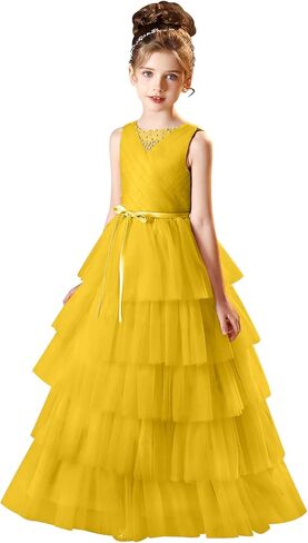 Layered Tulle Flower Girl Dress for Wedding Girls Pageant Dresses with Beads Long First Communion Dress with Belt in Kuwait