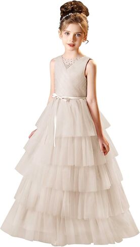 Layered Tulle Flower Girl Dress for Wedding Girls Pageant Dresses with Beads Long First Communion Dress with Belt in Saudi Arabia