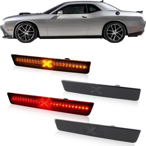 مصابيح LED للعلامات الجانبية متوافقة مع 2015-2020 Dodge Challenger w/XStyle Light Beam [في انتظار براءة اختراع]، مصابيح علامة المصد الخلفي الأمامي، عدسة مدخنة ضوء أبيض، حزمة من 4 in Kuwait