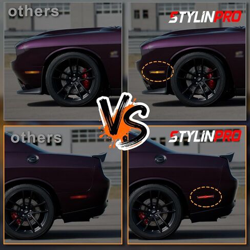 مصابيح LED للعلامات الجانبية متوافقة مع 2015-2020 Dodge Challenger w/XStyle Light Beam [في انتظار براءة اختراع]، مصابيح علامة المصد الخلفي الأمامي، عدسة مدخنة ضوء أبيض، حزمة من 4 in Kuwait