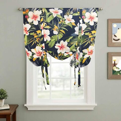 Summer Flowers Tie Up Curtains for Window, Farmhouse Botanical Tropical Plant Leaves Thermal Insulated Balloon Shade Adjustable Rod Pocket Curtains Valance Panels for Kitchen Bathroom Café 42'' x 45'' in Saudi Arabia