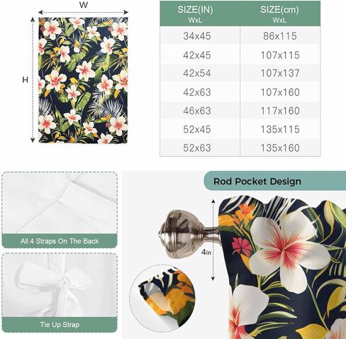 Summer Flowers Tie Up Curtains for Window, Farmhouse Botanical Tropical Plant Leaves Thermal Insulated Balloon Shade Adjustable Rod Pocket Curtains Valance Panels for Kitchen Bathroom Café 42'' x 45'' in Saudi Arabia
