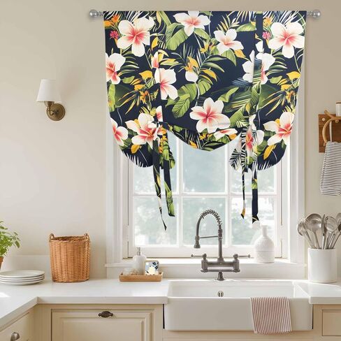 Summer Flowers Tie Up Curtains for Window, Farmhouse Botanical Tropical Plant Leaves Thermal Insulated Balloon Shade Adjustable Rod Pocket Curtains Valance Panels for Kitchen Bathroom Café 42'' x 45'' in Saudi Arabia