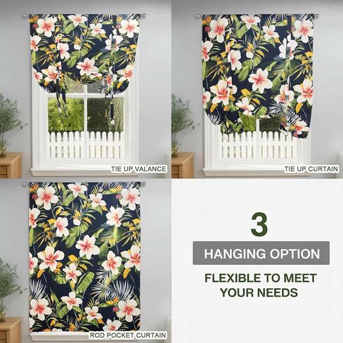 Summer Flowers Tie Up Curtains for Window, Farmhouse Botanical Tropical Plant Leaves Thermal Insulated Balloon Shade Adjustable Rod Pocket Curtains Valance Panels for Kitchen Bathroom Café 42'' x 45'' in Saudi Arabia